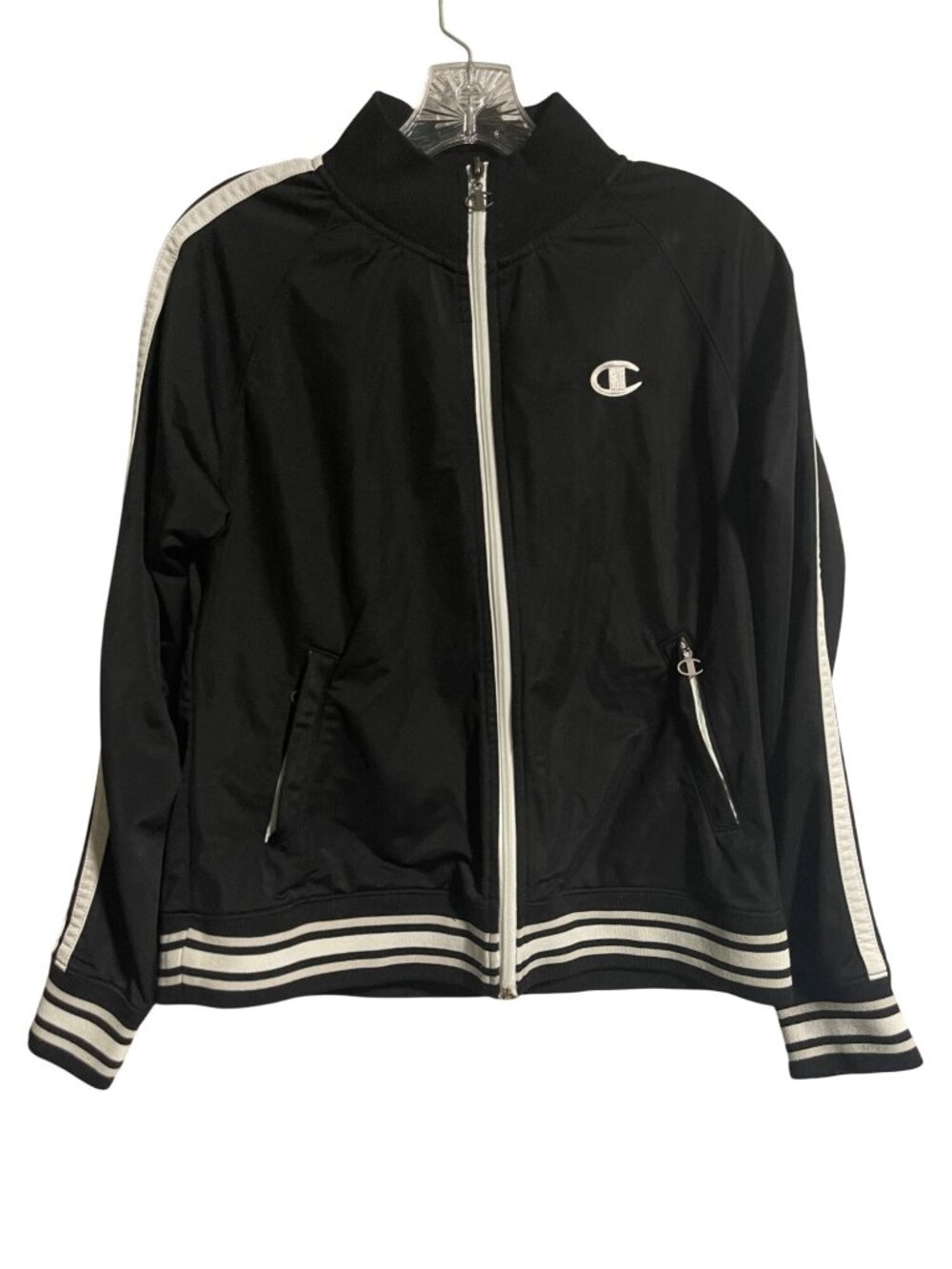 Champion Black Full Zip Track Jacket Womens M Striped Accents